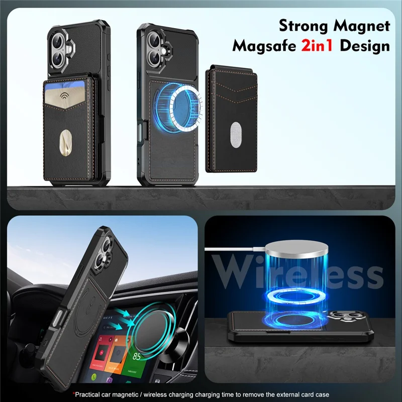 For iPhone 17 Magnetic Case Detachable Card Slot Kickstand Leather + TPU Phone Cover - Black
