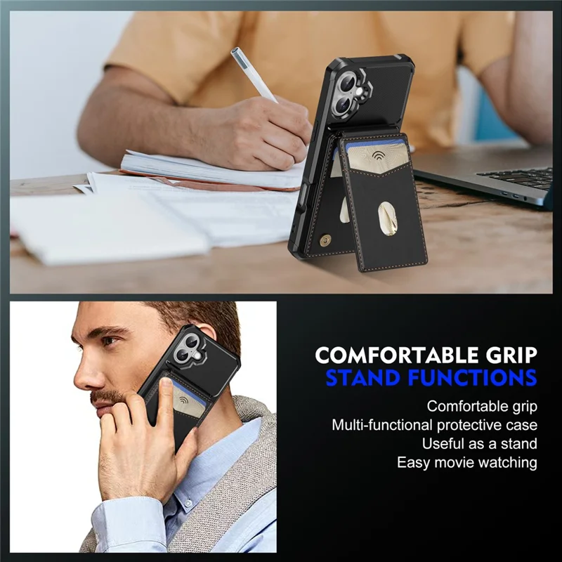For iPhone 17 Magnetic Case Detachable Card Slot Kickstand Leather + TPU Phone Cover - Black