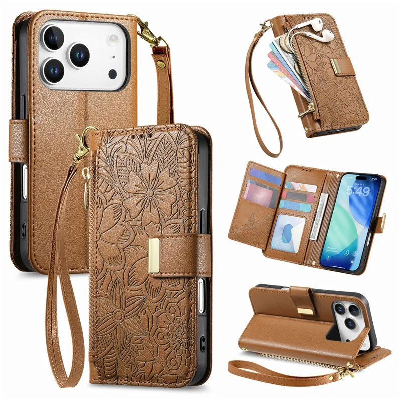 For iPhone 17 Pro Max Case Floral Leaf Pattern Multi Card Slots Zipper Leather Phone Cover with Wrist Strap - Brown