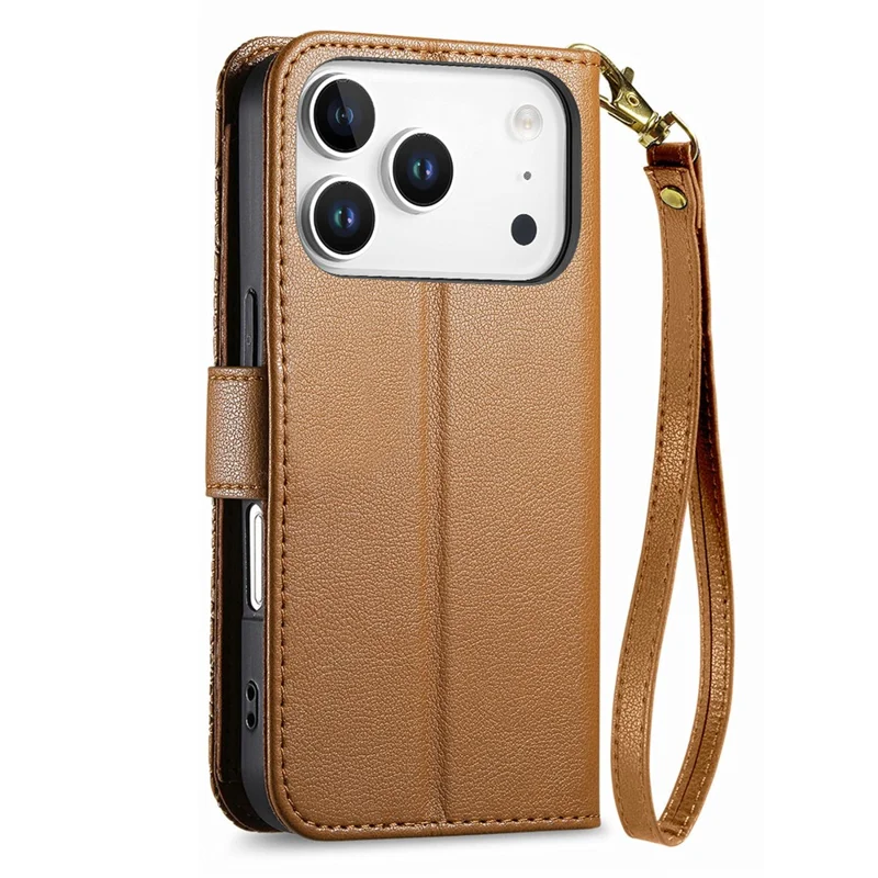 For iPhone 17 Pro Max Case Floral Leaf Pattern Multi Card Slots Zipper Leather Phone Cover with Wrist Strap - Brown