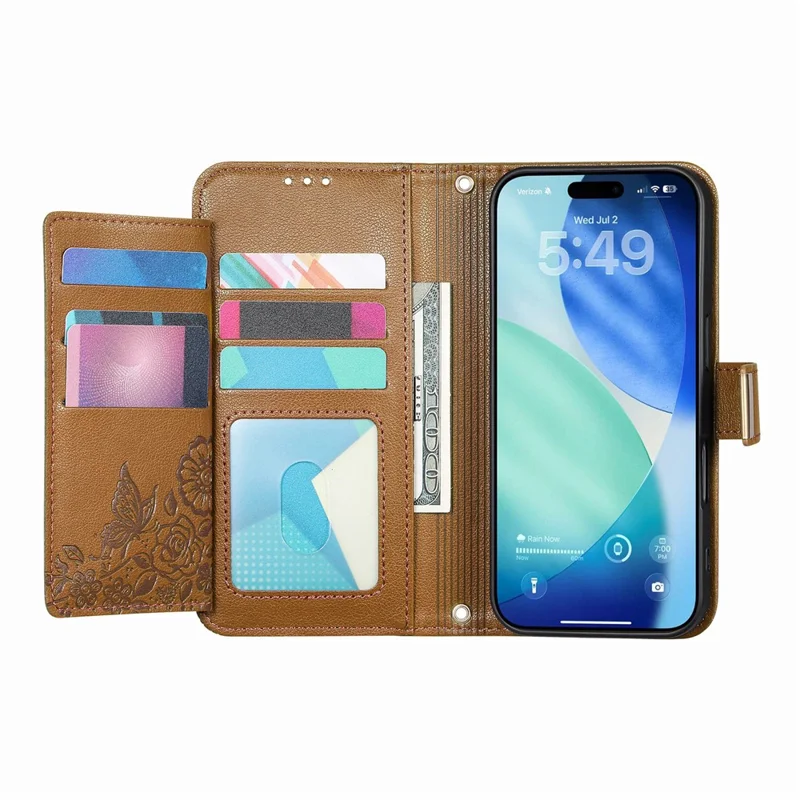 For iPhone 17 Pro Max Case Floral Leaf Pattern Multi Card Slots Zipper Leather Phone Cover with Wrist Strap - Brown
