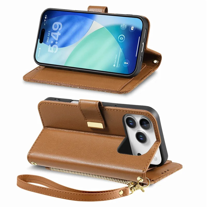For iPhone 17 Pro Max Case Floral Leaf Pattern Multi Card Slots Zipper Leather Phone Cover with Wrist Strap - Brown