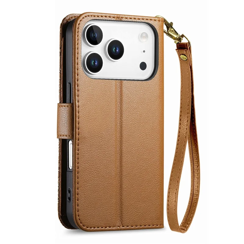 For iPhone 17 Pro Case Floral Leaf Pattern Multi Card Slots Zipper Leather Phone Cover with Wrist Strap - Brown