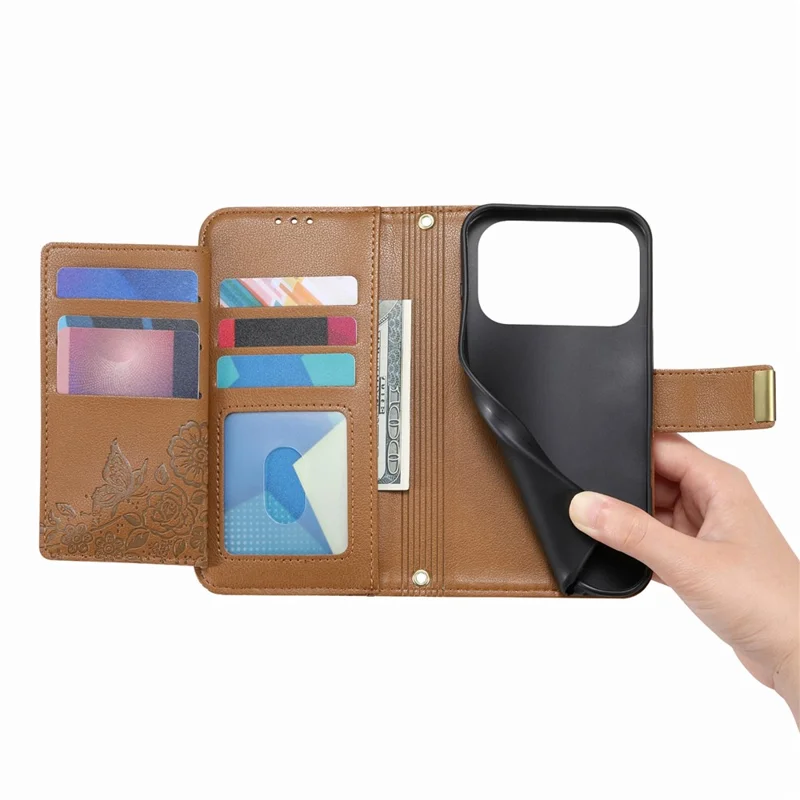 For iPhone 17 Pro Case Floral Leaf Pattern Multi Card Slots Zipper Leather Phone Cover with Wrist Strap - Brown