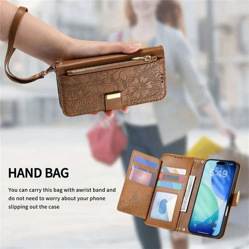 For iPhone 17 Pro Case Floral Leaf Pattern Multi Card Slots Zipper Leather Phone Cover with Wrist Strap - Brown