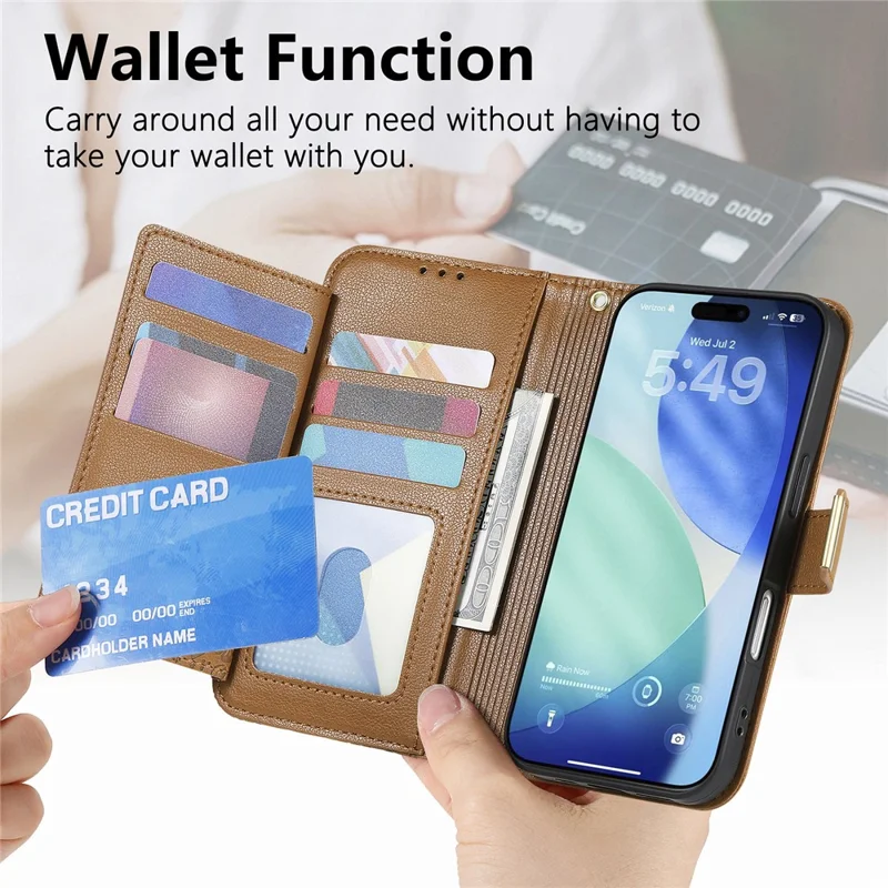 For iPhone 17 Pro Case Floral Leaf Pattern Multi Card Slots Zipper Leather Phone Cover with Wrist Strap - Brown