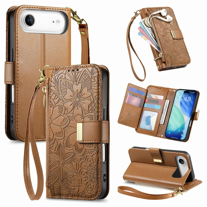 For iPhone Air Case Floral Leaf Pattern Multi Card Slots Zipper Leather Phone Cover with Wrist Strap - Brown