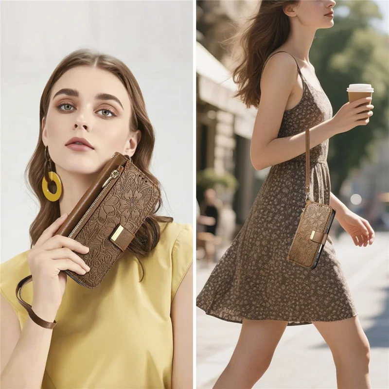 For iPhone Air Case Floral Leaf Pattern Multi Card Slots Zipper Leather Phone Cover with Wrist Strap - Brown