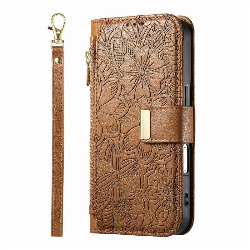 For iPhone Air Case Floral Leaf Pattern Multi Card Slots Zipper Leather Phone Cover with Wrist Strap - Brown
