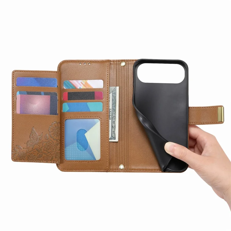 For iPhone Air Case Floral Leaf Pattern Multi Card Slots Zipper Leather Phone Cover with Wrist Strap - Brown