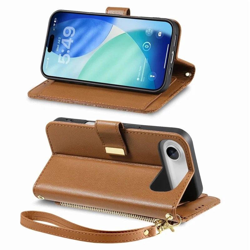 For iPhone Air Case Floral Leaf Pattern Multi Card Slots Zipper Leather Phone Cover with Wrist Strap - Brown