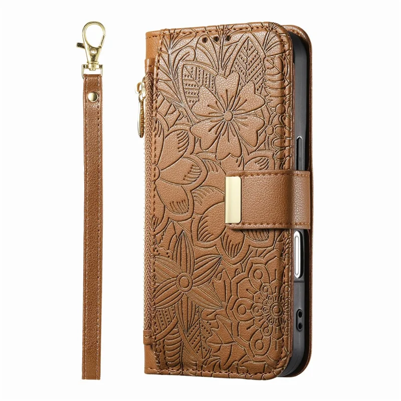 For iPhone 17 Case Floral Leaf Pattern Multi Card Slots Zipper Leather Phone Cover with Wrist Strap - Brown