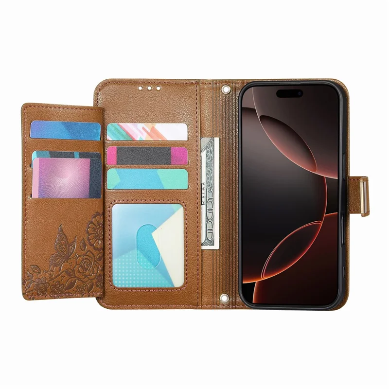 For iPhone 17 Case Floral Leaf Pattern Multi Card Slots Zipper Leather Phone Cover with Wrist Strap - Brown