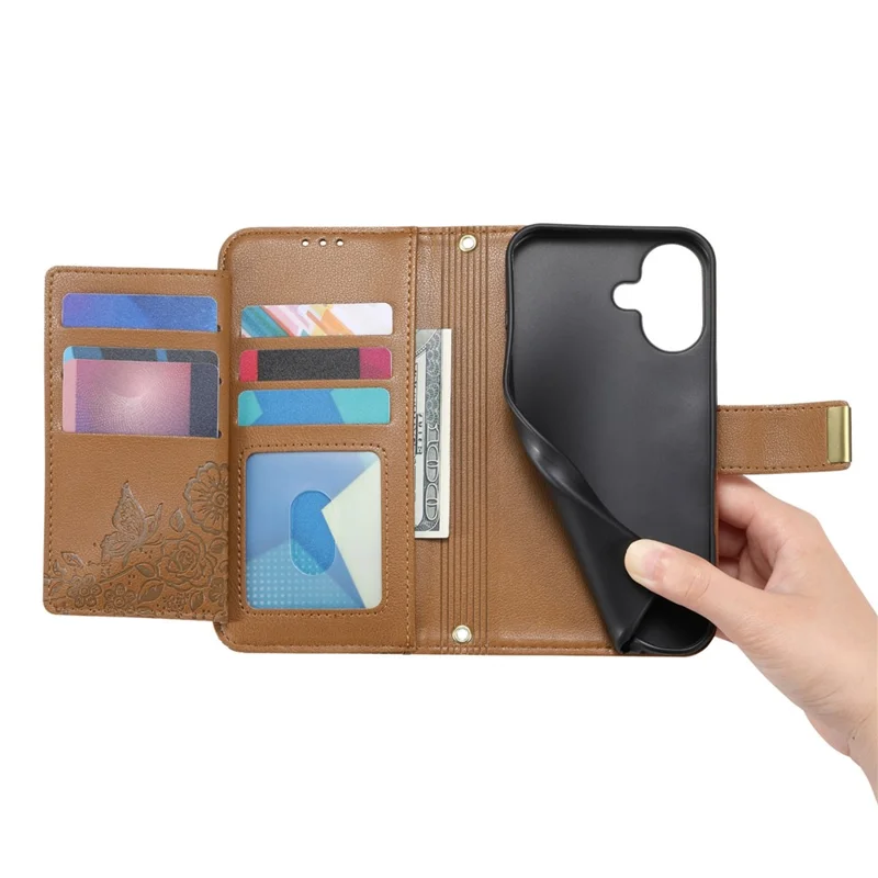 For iPhone 17 Case Floral Leaf Pattern Multi Card Slots Zipper Leather Phone Cover with Wrist Strap - Brown
