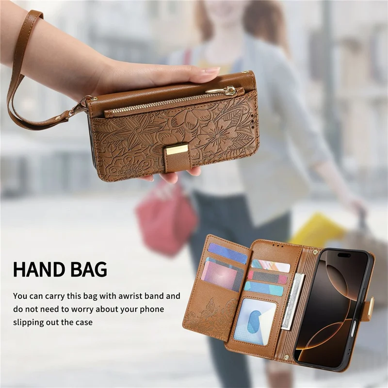 For iPhone 17 Case Floral Leaf Pattern Multi Card Slots Zipper Leather Phone Cover with Wrist Strap - Brown