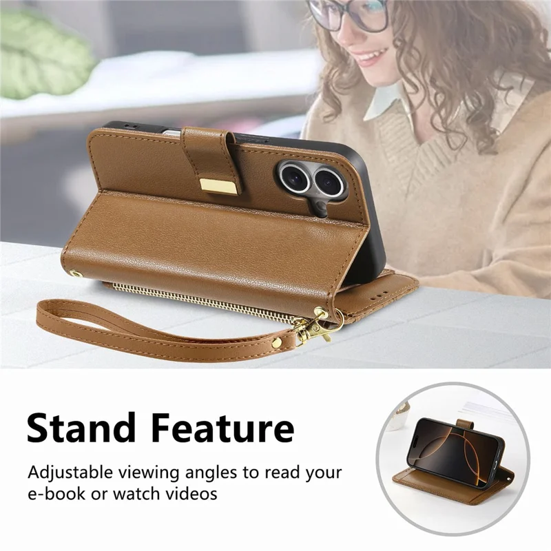 For iPhone 17 Case Floral Leaf Pattern Multi Card Slots Zipper Leather Phone Cover with Wrist Strap - Brown