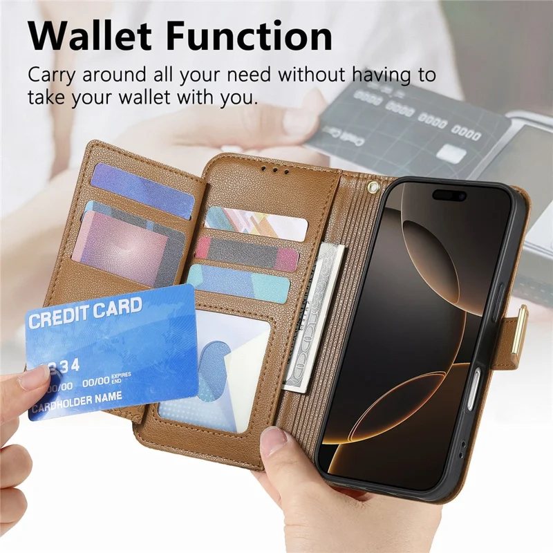 For iPhone 17 Case Floral Leaf Pattern Multi Card Slots Zipper Leather Phone Cover with Wrist Strap - Brown