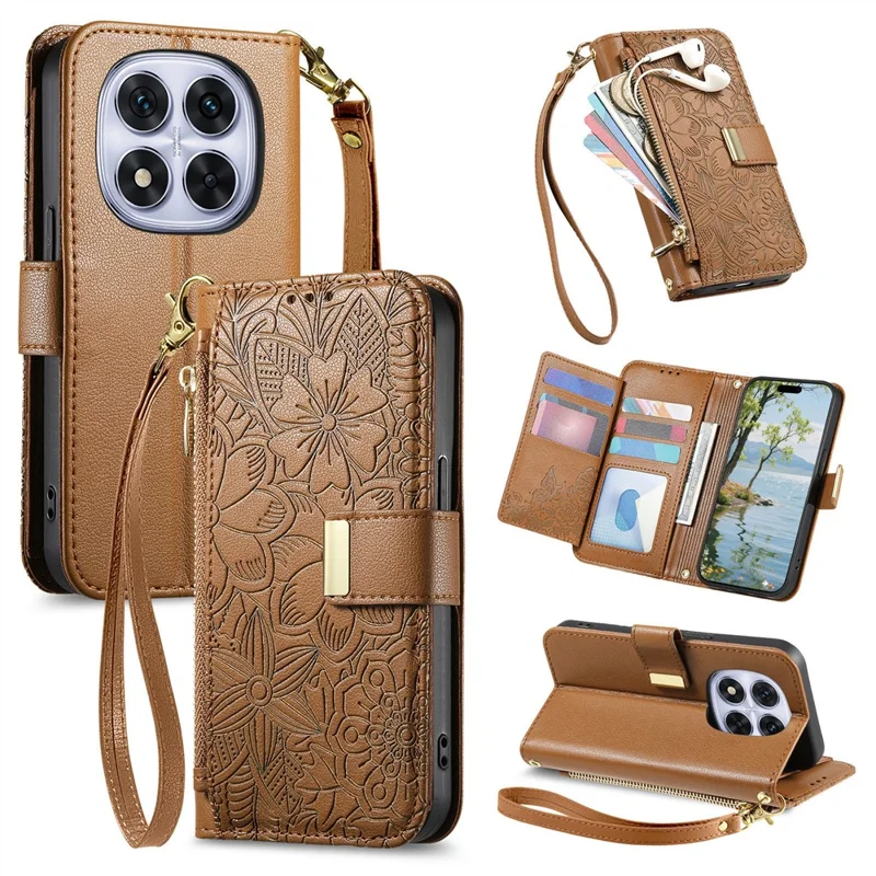 For Xiaomi Poco M8 Pro 5G / Redmi Note 15 Pro+ 5G (Global) Case Floral Leaf Pattern Multi Card Slots Zipper Leather Phone Cover with Wrist Strap - Brown