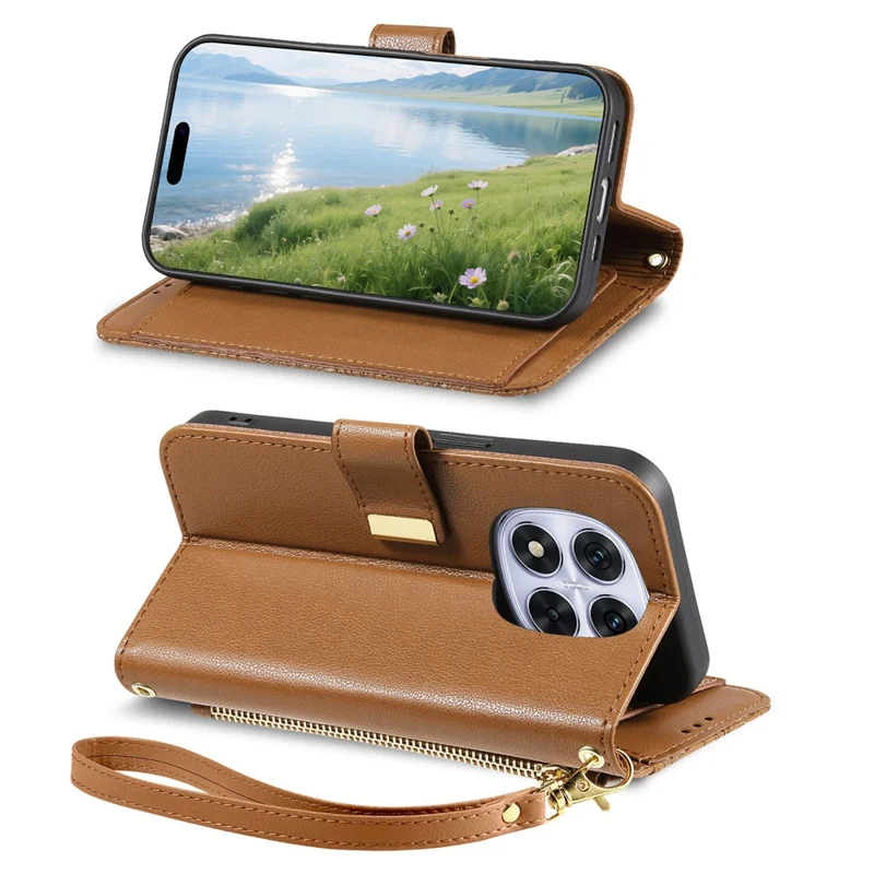 For Xiaomi Poco M8 Pro 5G / Redmi Note 15 Pro+ 5G (Global) Case Floral Leaf Pattern Multi Card Slots Zipper Leather Phone Cover with Wrist Strap - Brown