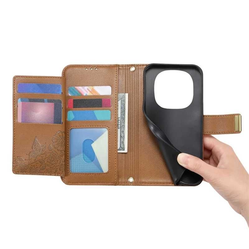 For Xiaomi Poco M8 Pro 5G / Redmi Note 15 Pro+ 5G (Global) Case Floral Leaf Pattern Multi Card Slots Zipper Leather Phone Cover with Wrist Strap - Brown