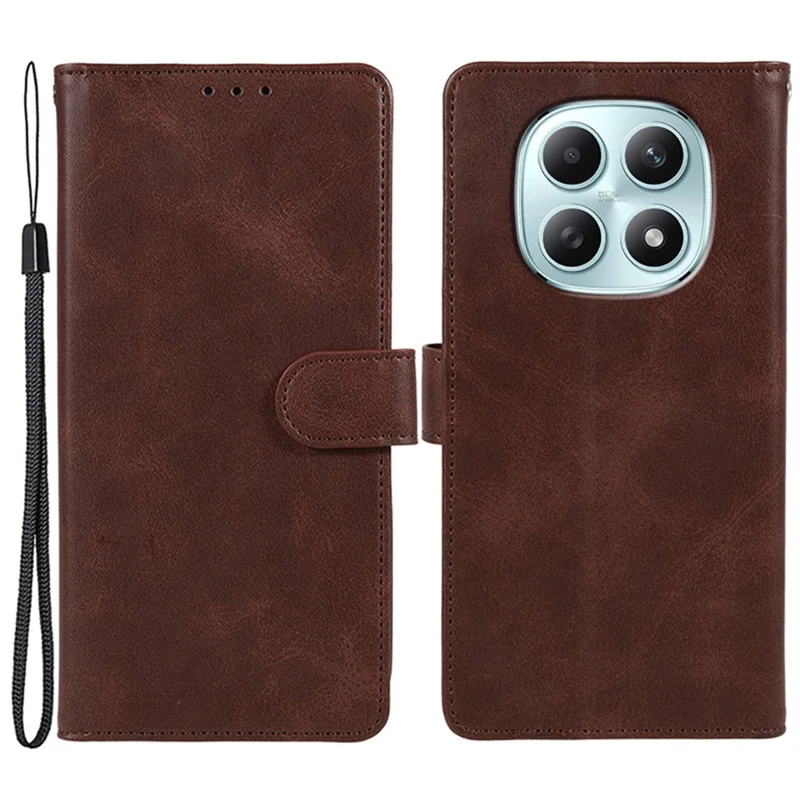 For Xiaomi Redmi Note 15 5G (Global) Case Calf Texture PU Leather Wallet Phone Cover with Wrist Strap - Brown