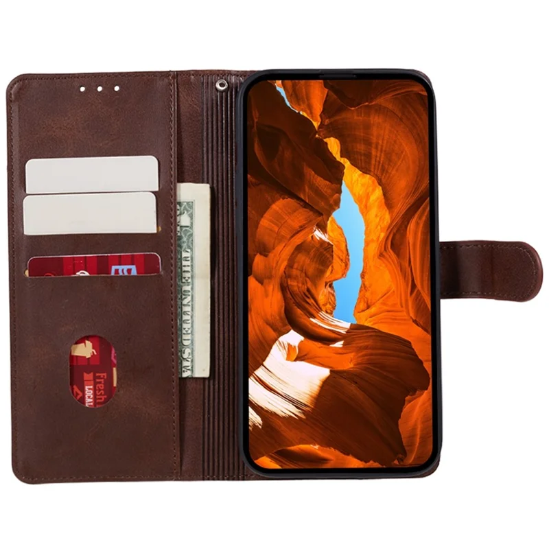 For Xiaomi Redmi Note 15 5G (Global) Case Calf Texture PU Leather Wallet Phone Cover with Wrist Strap - Brown