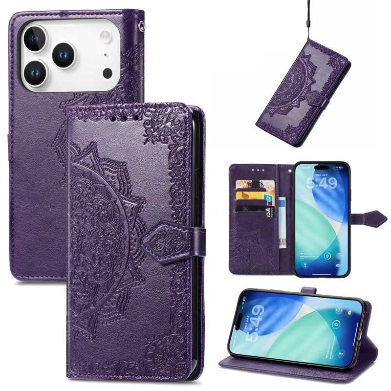 For iPhone 17 Pro Max Case Wallet Mandala Flower Leather Phone Cover Stand View - Purple