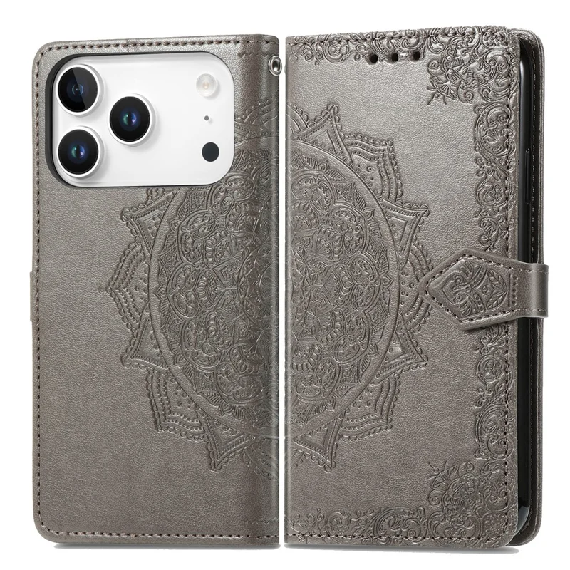 For iPhone 18 Pro / 17 Pro Case Wallet Mandala Flower Leather Phone Cover Stand View - Grey
