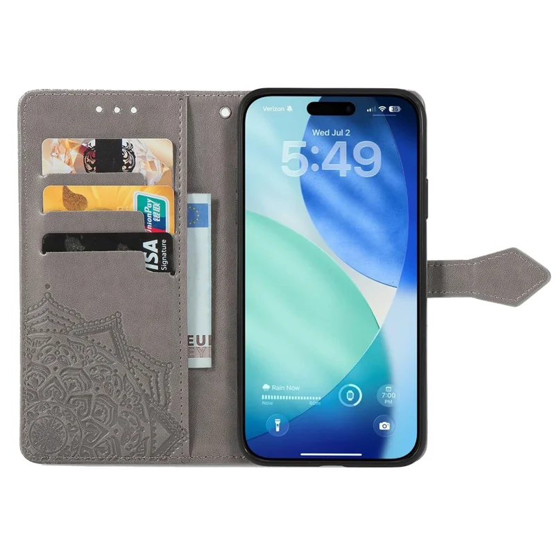 For iPhone 18 Pro / 17 Pro Case Wallet Mandala Flower Leather Phone Cover Stand View - Grey