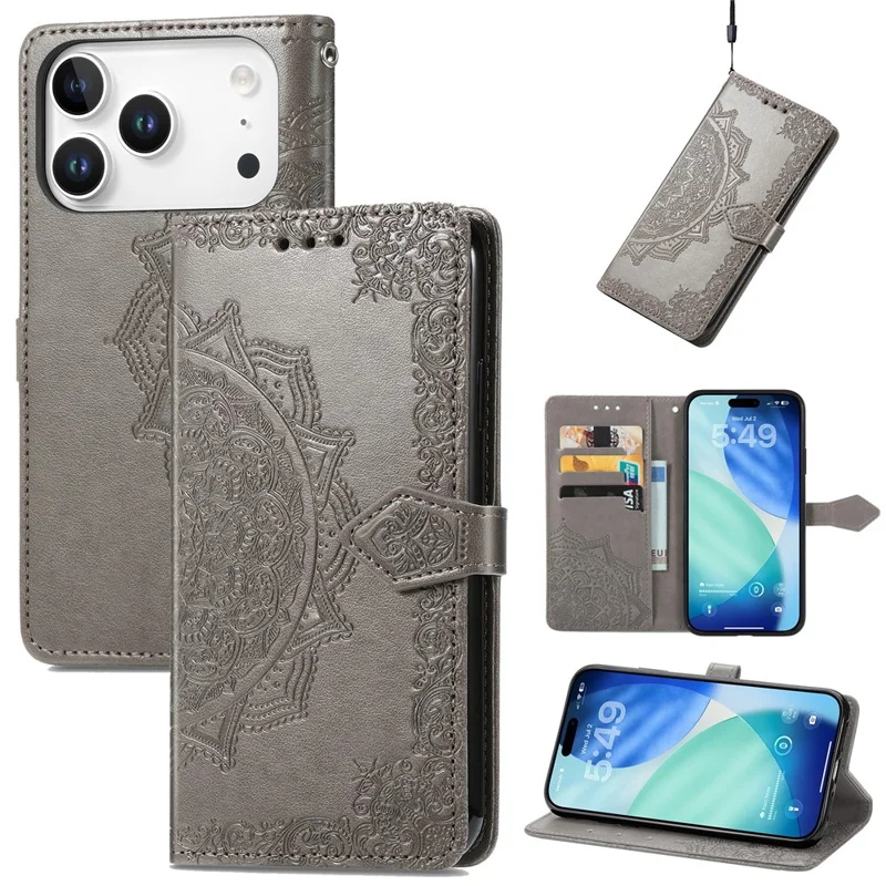 For iPhone 18 Pro / 17 Pro Case Wallet Mandala Flower Leather Phone Cover Stand View - Grey