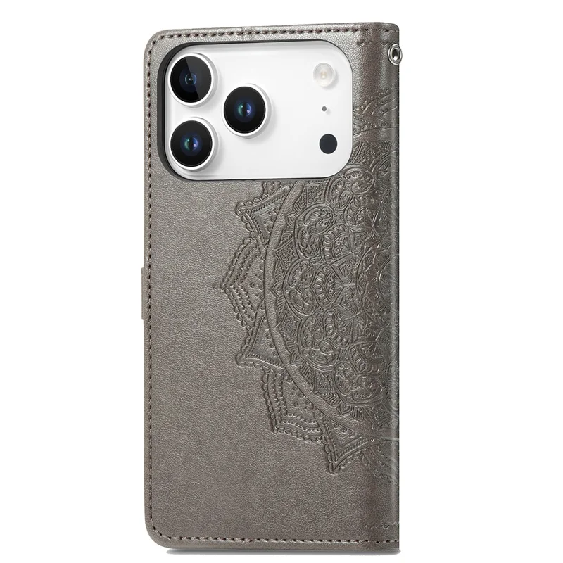 For iPhone 18 Pro / 17 Pro Case Wallet Mandala Flower Leather Phone Cover Stand View - Grey