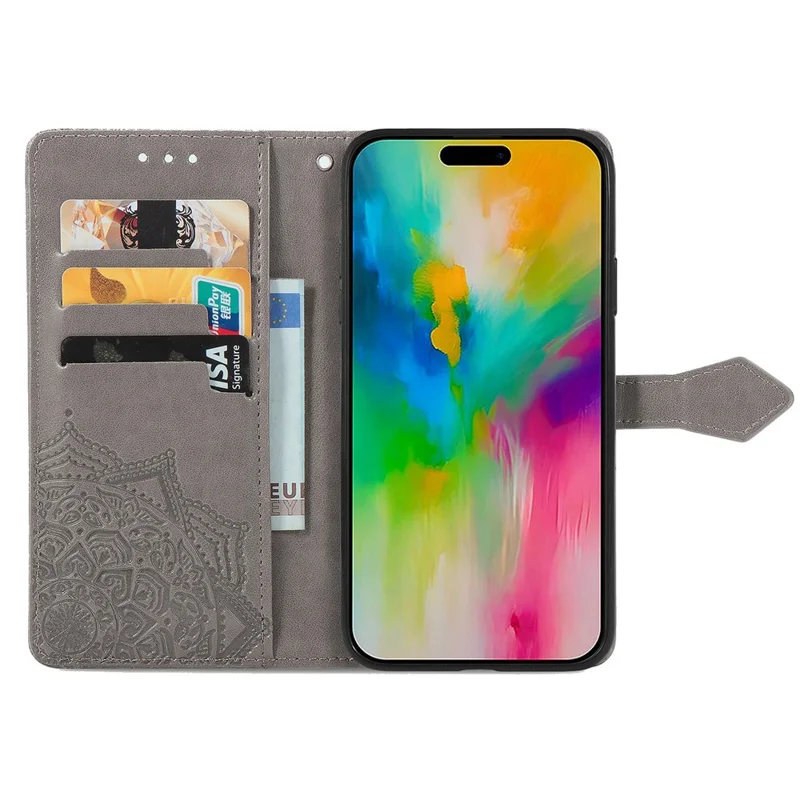 For iPhone 17 Case Wallet Mandala Flower Leather Phone Cover Stand View - Grey
