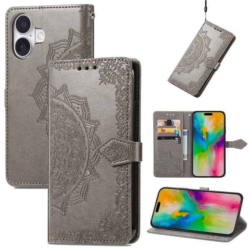 For iPhone 17 Case Wallet Mandala Flower Leather Phone Cover Stand View - Grey