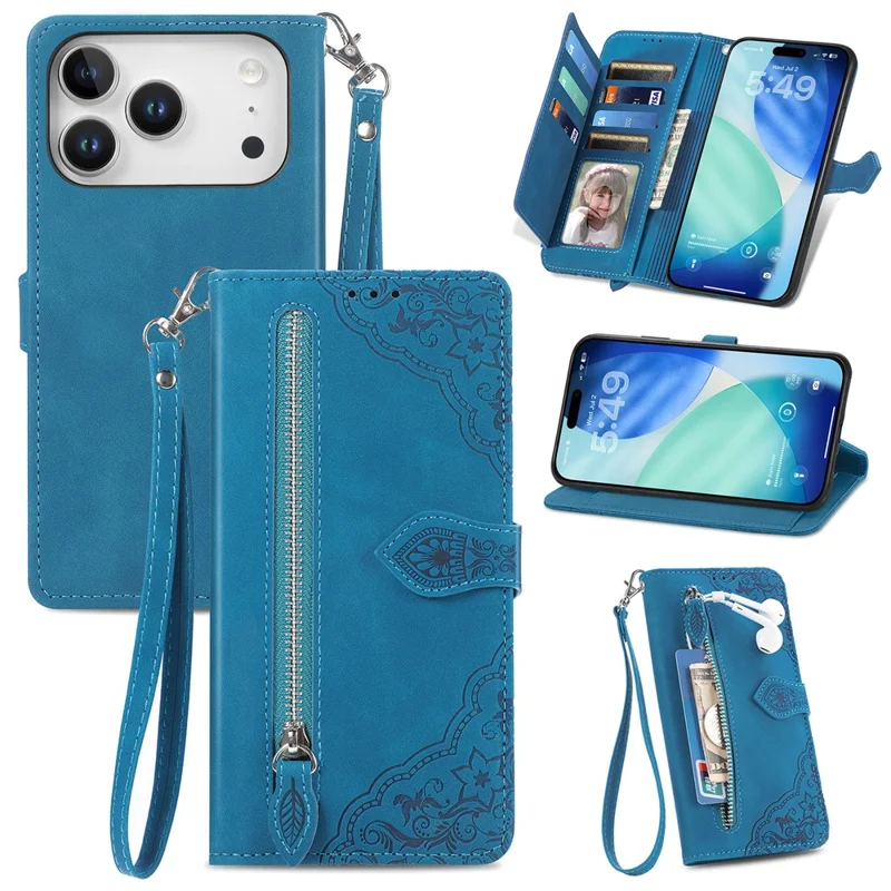 For iPhone 18 Pro / 17 Pro Zipper Wallet Case with Strap Flower Imprint PU Leather Phone Cover - Blue