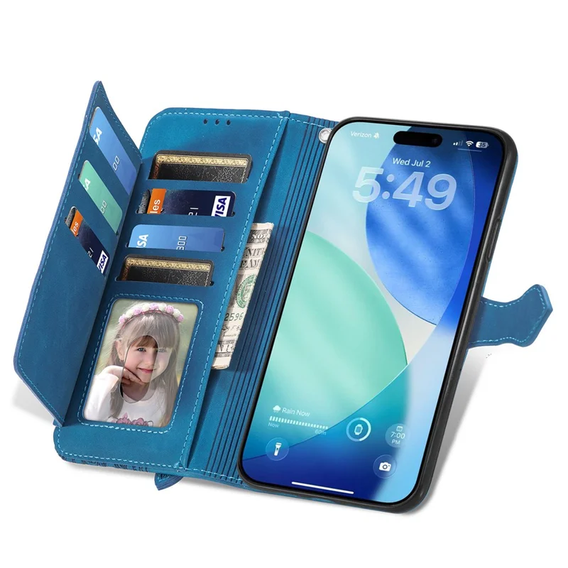 For iPhone 18 Pro / 17 Pro Zipper Wallet Case with Strap Flower Imprint PU Leather Phone Cover - Blue