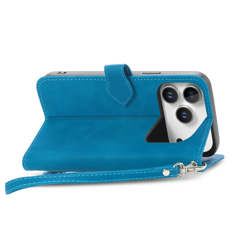 For iPhone 18 Pro / 17 Pro Zipper Wallet Case with Strap Flower Imprint PU Leather Phone Cover - Blue