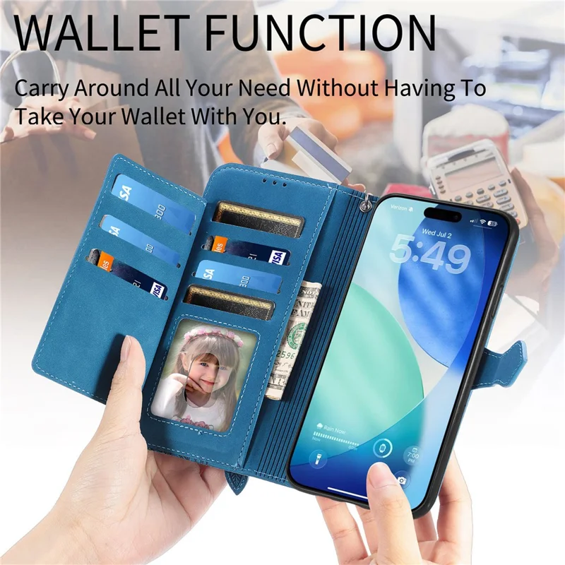 For iPhone 18 Pro / 17 Pro Zipper Wallet Case with Strap Flower Imprint PU Leather Phone Cover - Blue