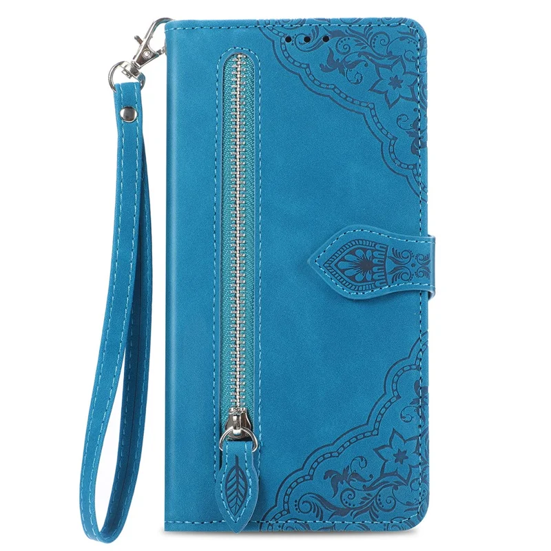 For iPhone 18 Pro / 17 Pro Zipper Wallet Case with Strap Flower Imprint PU Leather Phone Cover - Blue