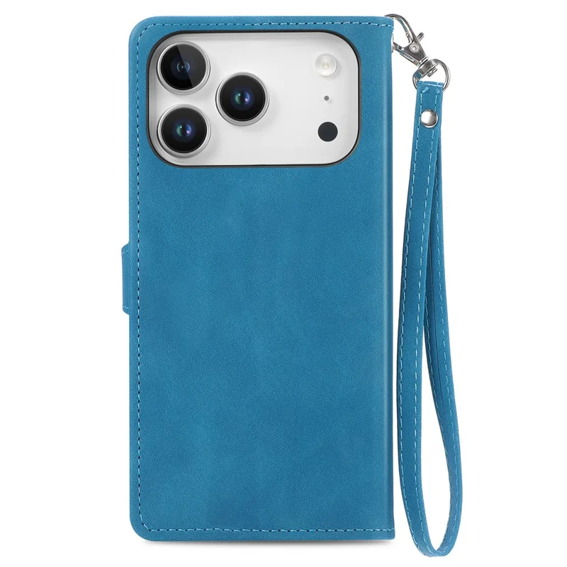 For iPhone 18 Pro / 17 Pro Zipper Wallet Case with Strap Flower Imprint PU Leather Phone Cover - Blue