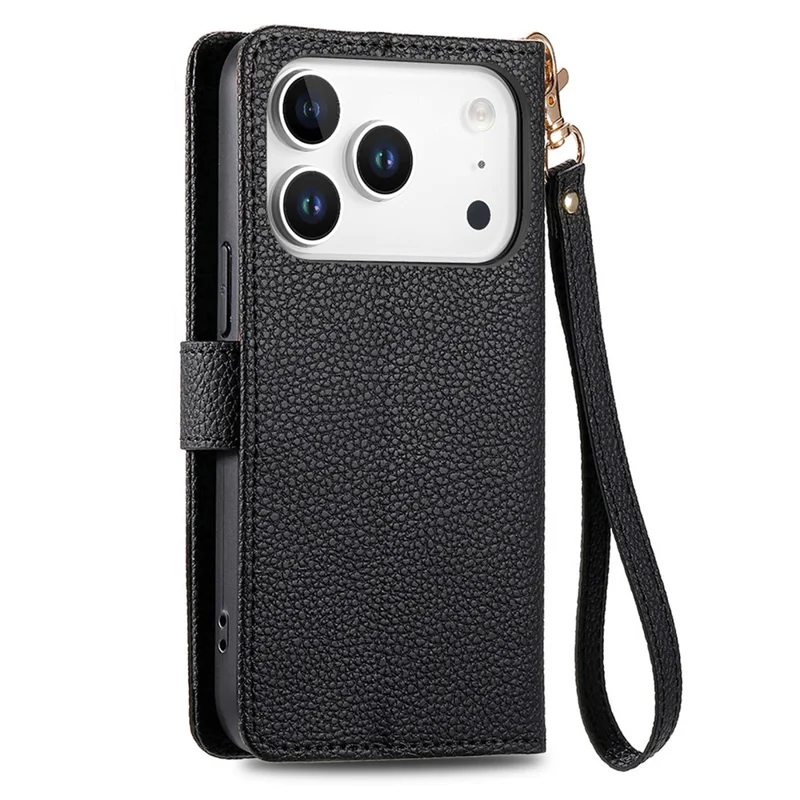 For iPhone 17 Pro Max Case RFID Blocking Zipper Pocket Leather Wallet Phone Cover with Strap - Black