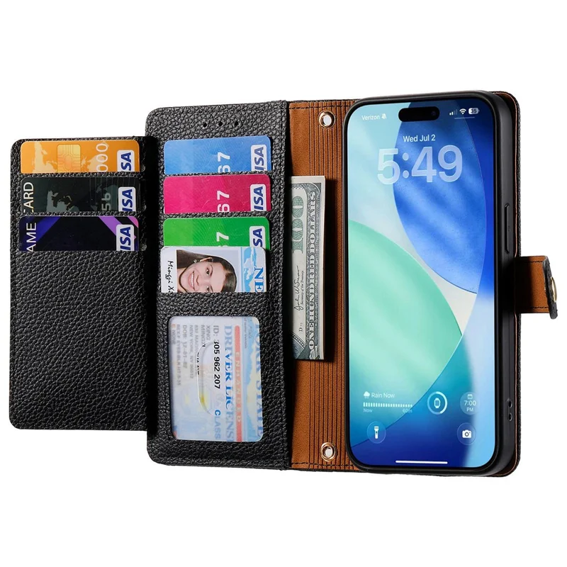 For iPhone 17 Pro Max Case RFID Blocking Zipper Pocket Leather Wallet Phone Cover with Strap - Black