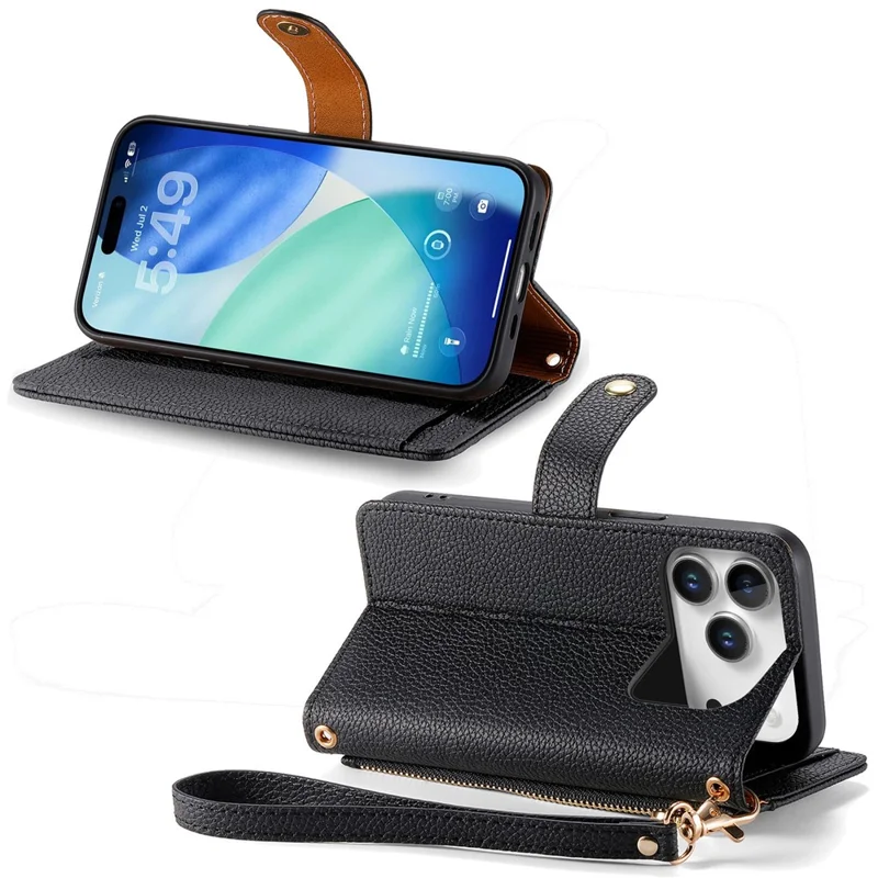 For iPhone 17 Pro Max Case RFID Blocking Zipper Pocket Leather Wallet Phone Cover with Strap - Black