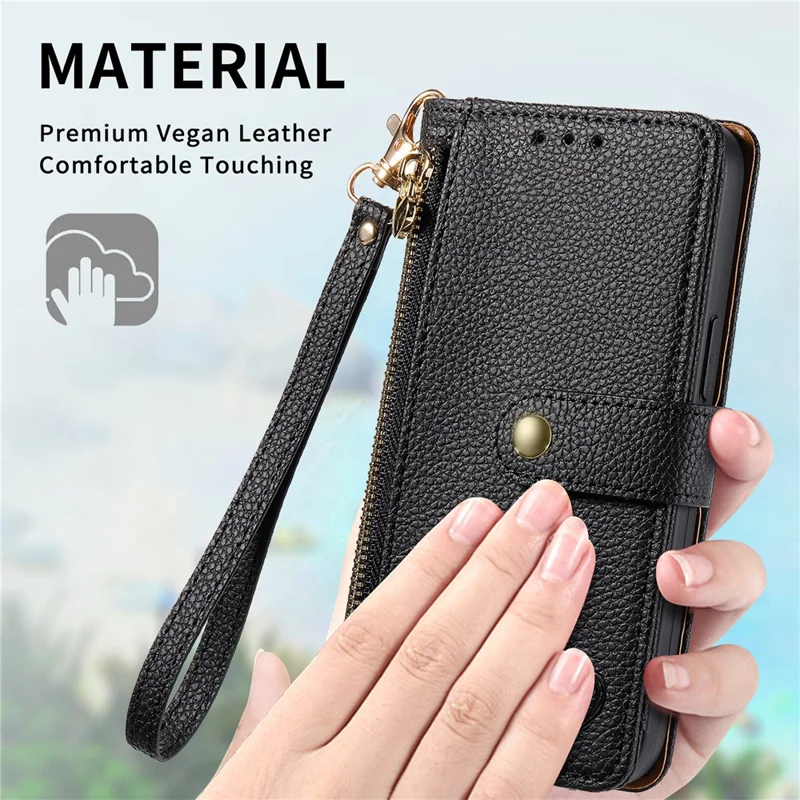 For iPhone 17 Pro Max Case RFID Blocking Zipper Pocket Leather Wallet Phone Cover with Strap - Black