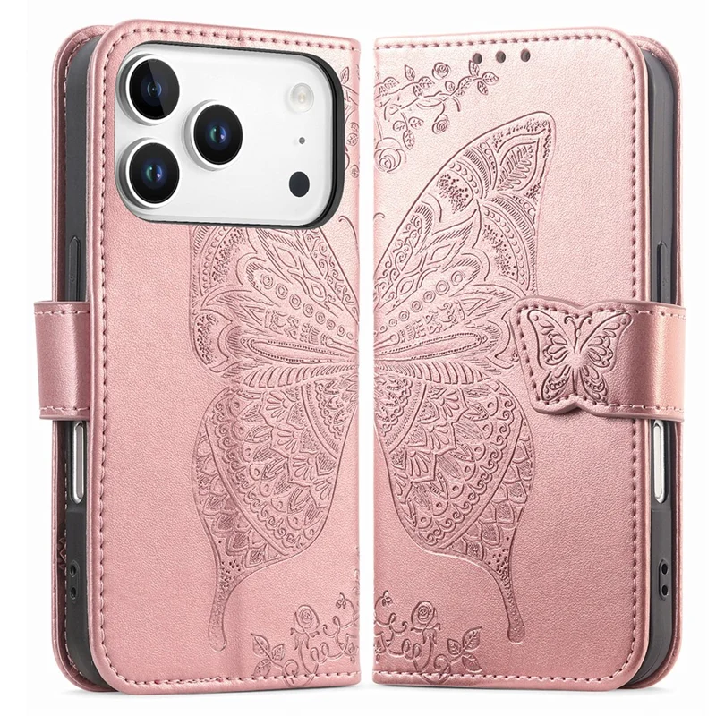 For iPhone 18 Pro Max / 17 Pro Max Case with Strap Butterfly Pattern PU Leather Wallet Phone Cover - Rose Gold
