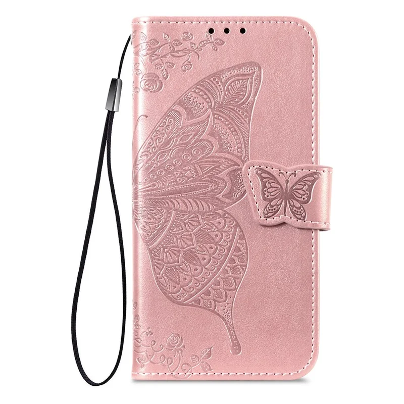For iPhone 18 Pro Max / 17 Pro Max Case with Strap Butterfly Pattern PU Leather Wallet Phone Cover - Rose Gold