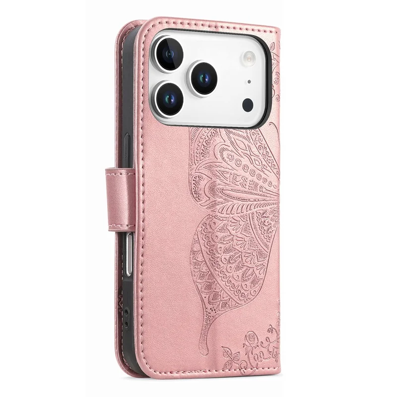 For iPhone 18 Pro Max / 17 Pro Max Case with Strap Butterfly Pattern PU Leather Wallet Phone Cover - Rose Gold