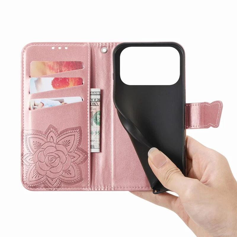 For iPhone 18 Pro Max / 17 Pro Max Case with Strap Butterfly Pattern PU Leather Wallet Phone Cover - Rose Gold