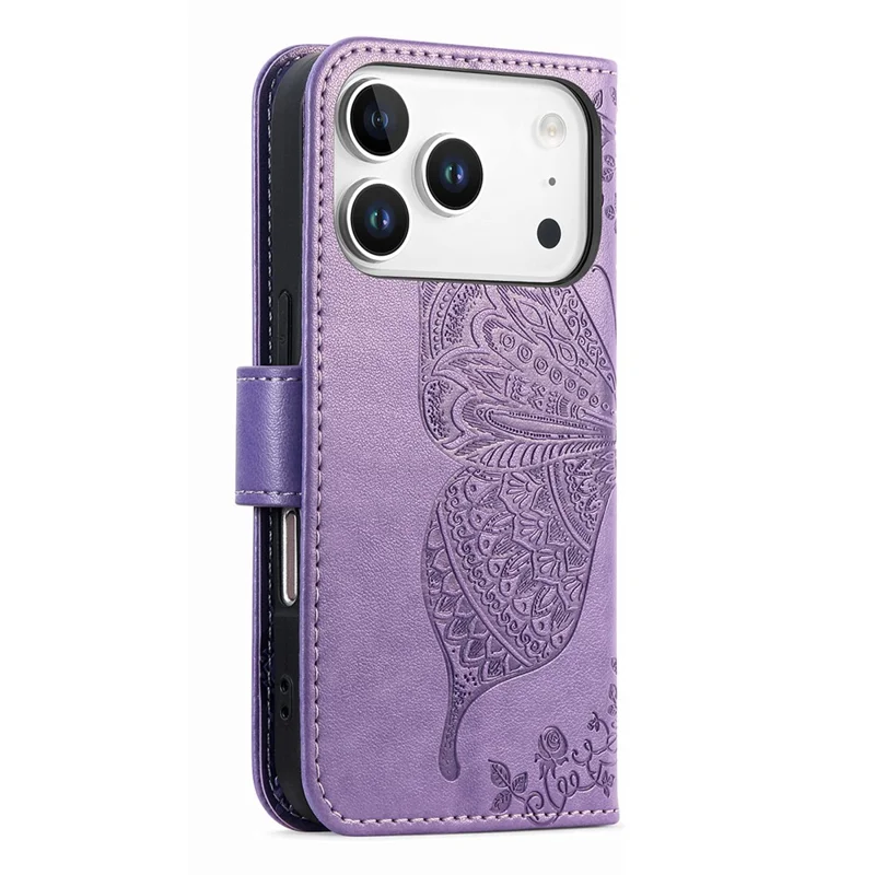 For iPhone 17 Pro Max Case with Strap Butterfly Pattern PU Leather Wallet Phone Cover - Light Purple