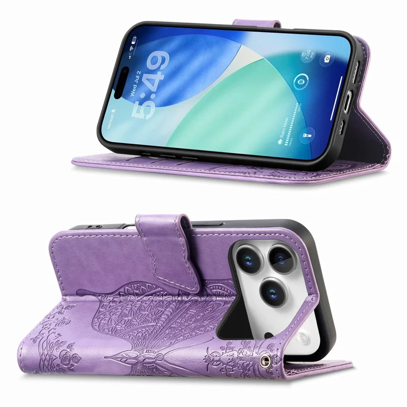 For iPhone 17 Pro Max Case with Strap Butterfly Pattern PU Leather Wallet Phone Cover - Light Purple