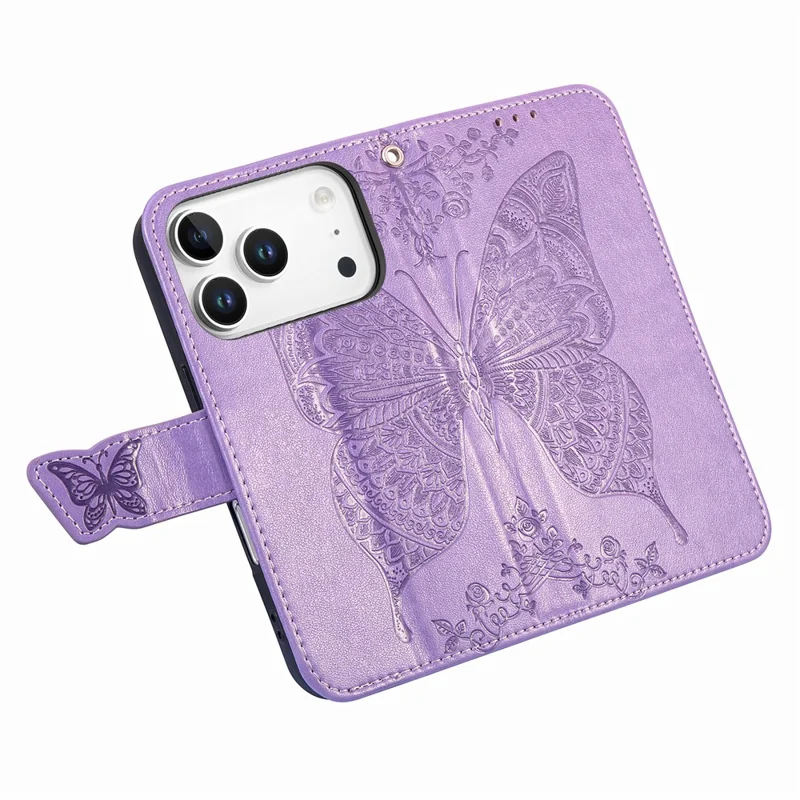 For iPhone 17 Pro Max Case with Strap Butterfly Pattern PU Leather Wallet Phone Cover - Light Purple